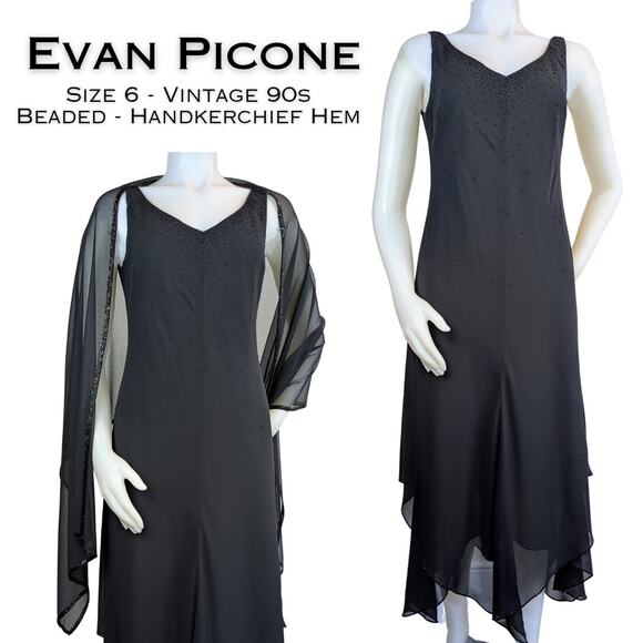 VTG Evan Picone Midi Maxi Dress 6 Black Beaded Sleeveless Sheer Scarf Hem + Wrap - Picture 1 of 12